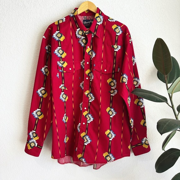 Wrangler Other - VTG Wrangler Mens Pearl Snap Southwestern Shirt XL Aztec Print Rodeo Cowboy 90s
